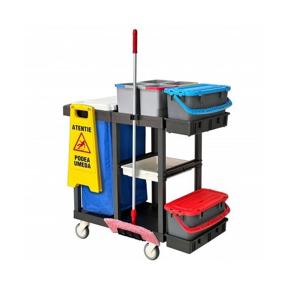 ​Carucior pentru curatenie in spital DacEnergy©, 2 galeti etanse de 20 L cu site de dozare, 4 galeti de 8L, cadru sac cu capac, spatiu depozitare produse de curatenie - - Roveli