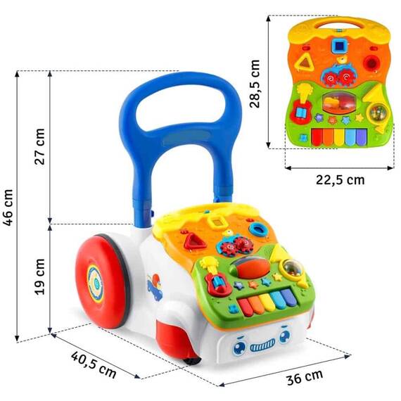 Premergator pentru copii 2in1 , solid si durabil, roti cu blocare si cauciuc antiderapant, cu pian pe un panou educational, cu sunet, 40,5 x36 x46 cm, alb - 3- Roveli