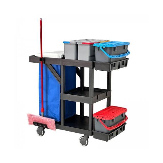 ​Carucior pentru curatenie in spital DacEnergy©, 2 galeti etanse de 20 L cu site de dozare, 4 galeti de 8L, cadru sac cu capac, spatiu depozitare produse de curatenie - 3- Roveli