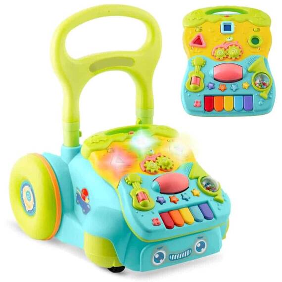 Premergator pentru copii 2in1 , solid si durabil, roti cu blocare si cauciuc antiderapant, cu pian pe un panou educational, cu sunet, 40,5 x36 x46 cm, turcoaz - 3- Roveli