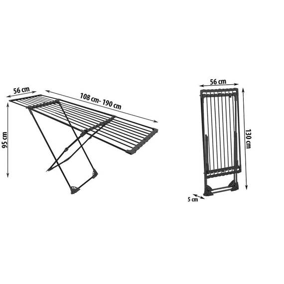 Uscator de rufe DacEnergy©, metalic, cu roti, telescopic, pliabil, 190 x 95 x 56 cm, negru - 8- Roveli