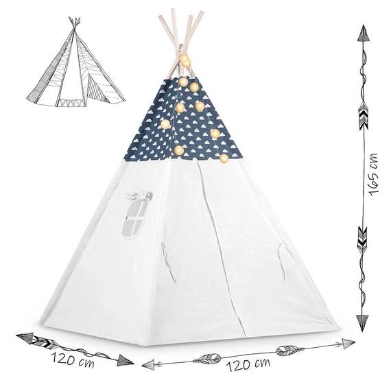 ​Cort de joaca pentru copii , stil Montessori, structura stabila, 3 perne si un covoras izolator, lumini, stabilizator, forma de cort indian, 120 x 120 x 165 cm, bleumarin si alb - 4- Roveli