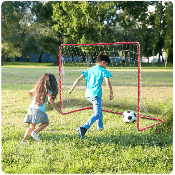 Set de 2 porti de fotbal pentru copii, structura puternica cu cadru din otel, plasa puternica din polietilena, asamblare rapida si usoara, 183 x 122 x 61 cm, alb si rosu - 3- Roveli