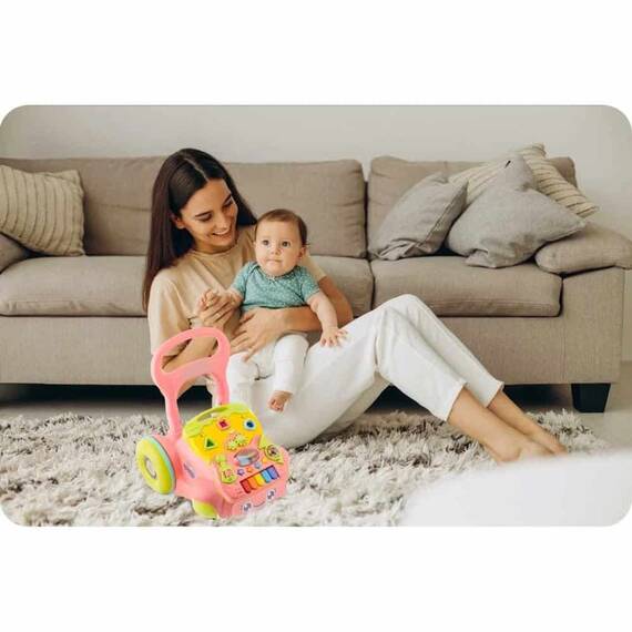 Premergator pentru copii 2in1, solid si durabil, roti cu blocare si cauciuc antiderapant, cu pian pe un panou educational, cu sunet, 40,5 x36 x46 cm, roz - 5- Roveli