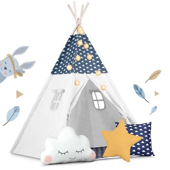 ​Cort de joaca pentru copii , stil Montessori, structura stabila, 3 perne si un covoras izolator, lumini, stabilizator, forma de cort indian, 120 x 120 x 165 cm, bleumarin si alb - 5- Roveli