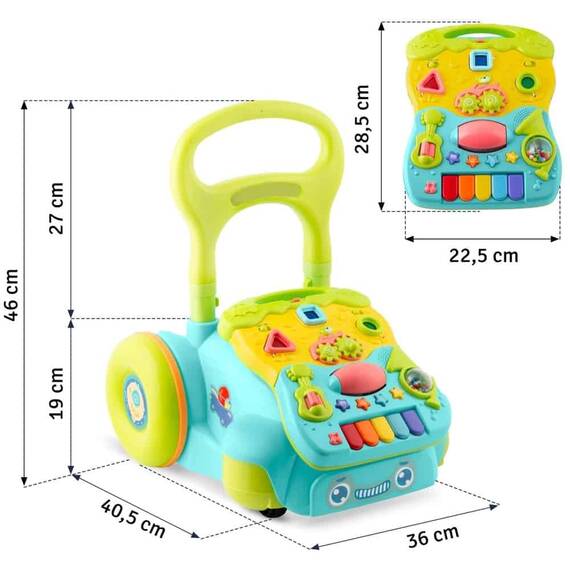 Premergator pentru copii 2in1 , solid si durabil, roti cu blocare si cauciuc antiderapant, cu pian pe un panou educational, cu sunet, 40,5 x36 x46 cm, turcoaz - 6- Roveli