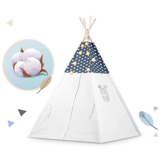 ​Cort de joaca pentru copii , stil Montessori, structura stabila, 3 perne si un covoras izolator, lumini, stabilizator, forma de cort indian, 120 x 120 x 165 cm, bleumarin si alb - 6- Roveli