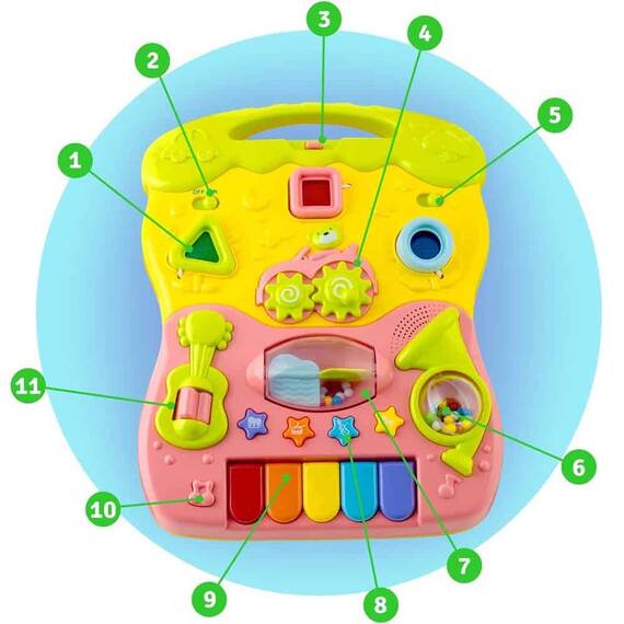 Premergator pentru copii 2in1, solid si durabil, roti cu blocare si cauciuc antiderapant, cu pian pe un panou educational, cu sunet, 40,5 x36 x46 cm, roz - 7- Roveli