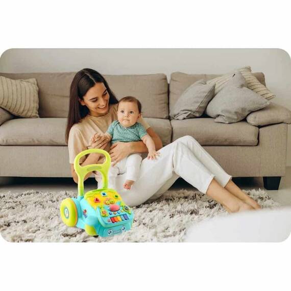 Premergator pentru copii 2in1 , solid si durabil, roti cu blocare si cauciuc antiderapant, cu pian pe un panou educational, cu sunet, 40,5 x36 x46 cm, turcoaz - 7- Roveli