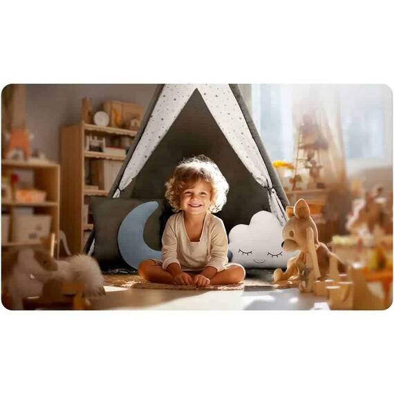 Cort de joaca pentru copii, realizat din material durabil, bumbac, stil Montessori, 3 perne, pene decorative, un stabilizator, 116 x 116 x 165 cm, gri - 8- Roveli