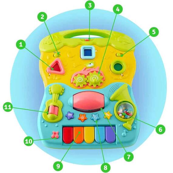 Premergator pentru copii 2in1 , solid si durabil, roti cu blocare si cauciuc antiderapant, cu pian pe un panou educational, cu sunet, 40,5 x36 x46 cm, turcoaz - 8- Roveli