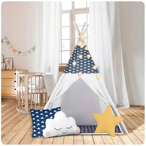 ​Cort de joaca pentru copii , stil Montessori, structura stabila, 3 perne si un covoras izolator, lumini, stabilizator, forma de cort indian, 120 x 120 x 165 cm, bleumarin si alb - 8- Roveli