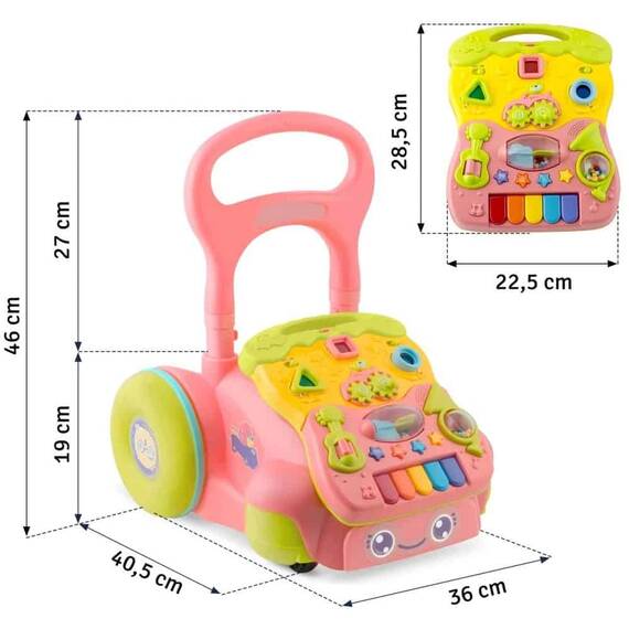 Premergator pentru copii 2in1, solid si durabil, roti cu blocare si cauciuc antiderapant, cu pian pe un panou educational, cu sunet, 40,5 x36 x46 cm, roz - 9- Roveli