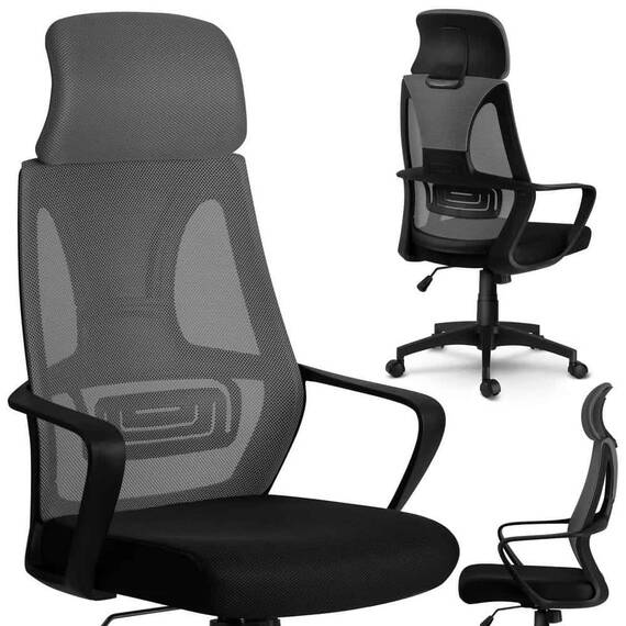 Scaun de birou DacEnergy©, tapiterie micro-plasa, cotiere din plastic, reglarea inaltimii si tetiera, roti duble, cauciucate, forma ergonomica, gri - 2- Roveli