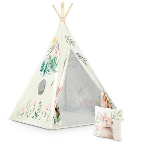 ​Cort de joaca pentru copii , realizat din poliester, stil Montessori, forma de tipi indian, o perna si stabilizator inclus, imprimeu animale, bej - - Roveli