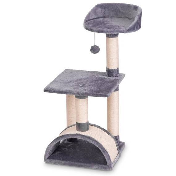Ansamblu de joaca pentru pisici DacEnergy©, constructia solida, 4 stalpi acoperiti cu franghie puternica de sisal, 2 platforme, un tunel mare, un pompon agatat, inaltime 83 cm, gri si crem - - Roveli