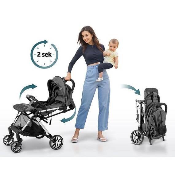 Carucior, cadru usor si durabil, roti de 360° cu suspensie, centuri de siguranta in 5 puncte, spatar reglabil, pliabil, sarcina maxima 15 kg, husa de ploaie si pentru picioare, gri inchis - 10- Roveli