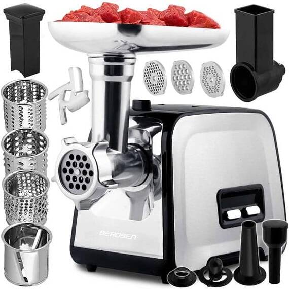 Masina de tocat carne electrica, melc din otel puternic, 3 site, 4 accesorii de taiere diferite, functia de revers, atasament kebbe, 450 W/1200 W, 230 V, neagra si argintiu - 2- Roveli
