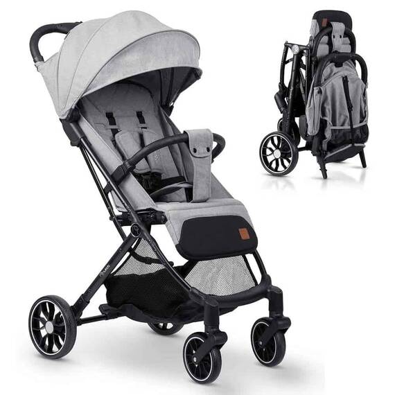 Carucior, cadru usor si durabil, roti de 360° cu suspensie, centuri de siguranta in 5 puncte, spatar reglabil, pliabil, sarcina maxima 15 kg, husa de ploaie si de picioare, gri deschis - 2- Roveli