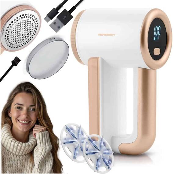 Aparat de curatat scame electric, lame din otel inoxidabil, ecran LCD, 3 niveluri de intensitate a puterii, recipient mare de 120 ml, baterie 2000 mAh, auriu - 2- Roveli