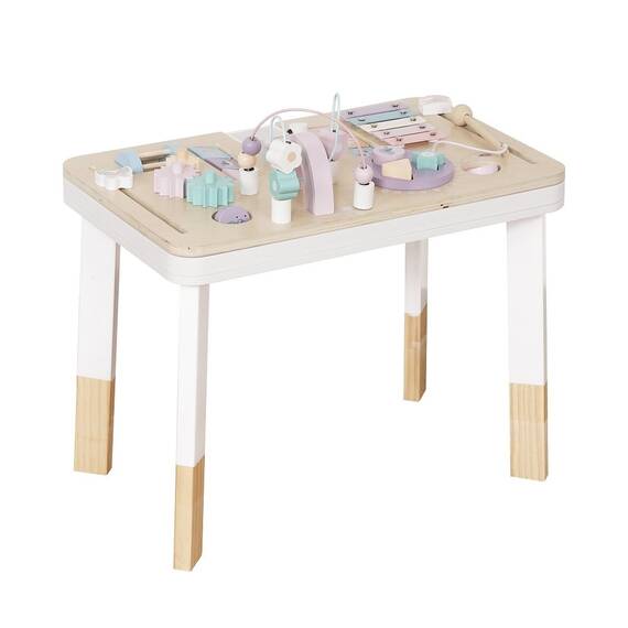 Masa de activitati din lemn Dacenergy, cu margini rotunjite, labirint de margele, cuburi de puzzle in miscare, roti dintate, dezvoltarea abilitatilor cheie, 48 x 29.5 x 37 cm, alb si natur - - Roveli