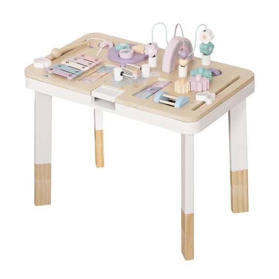Masa de activitati din lemn Dacenergy, cu margini rotunjite, labirint de margele, cuburi de puzzle in miscare, roti dintate, dezvoltarea abilitatilor cheie, 48 x 29.5 x 37 cm, alb si natur - 3- Roveli
