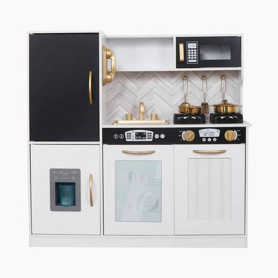 Set bucatarie copii DacEnergy, realizata din MDF si lemn, accesorii din otel inoxidabil, tabla cu creta, cuptor cu microunde, plita electrica, lumina Led, 80 x 24 x 80 cm, alb laptos si auriu - - Roveli