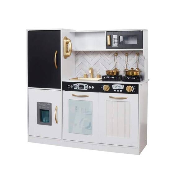 Set bucatarie copii DacEnergy, realizata din MDF si lemn, accesorii din otel inoxidabil, tabla cu creta, cuptor cu microunde, plita electrica, lumina Led, 80 x 24 x 80 cm, alb laptos si auriu - 2- Roveli