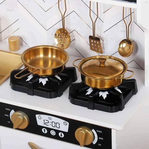 Set bucatarie copii DacEnergy, realizata din MDF si lemn, accesorii din otel inoxidabil, tabla cu creta, cuptor cu microunde, plita electrica, lumina Led, 80 x 24 x 80 cm, alb laptos si auriu - 4- Roveli