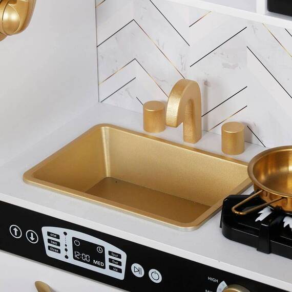 Set bucatarie copii DacEnergy, realizata din MDF si lemn, accesorii din otel inoxidabil, tabla cu creta, cuptor cu microunde, plita electrica, lumina Led, 80 x 24 x 80 cm, alb laptos si auriu - 5- Roveli