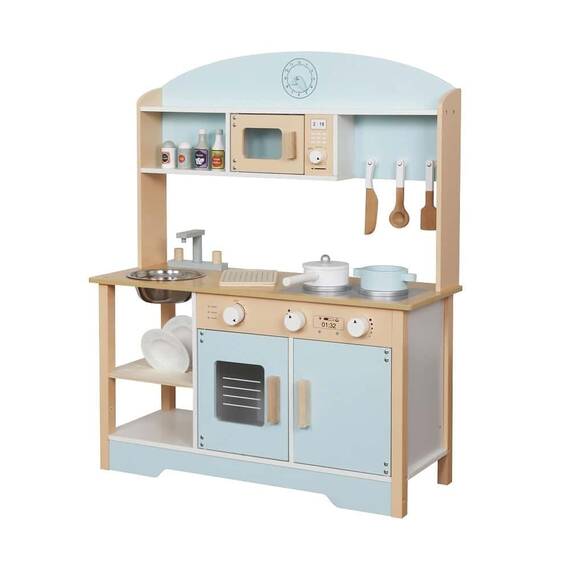 Bucatarie copii DacEnergy©, din lemn, chiuveta metalica adanca, cuptor cu microunde, aragaz, uscator de vase, tigaie si oala cu capac, 68 x 25, 6 x 81 cm, albastru deschis - - Roveli