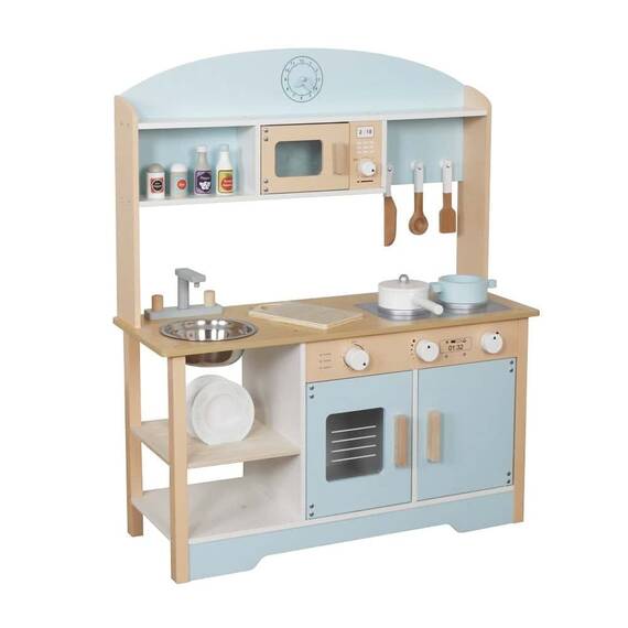 Bucatarie copii DacEnergy©, din lemn, chiuveta metalica adanca, cuptor cu microunde, aragaz, uscator de vase, tigaie si oala cu capac, 68 x 25, 6 x 81 cm, albastru deschis - 4- Roveli