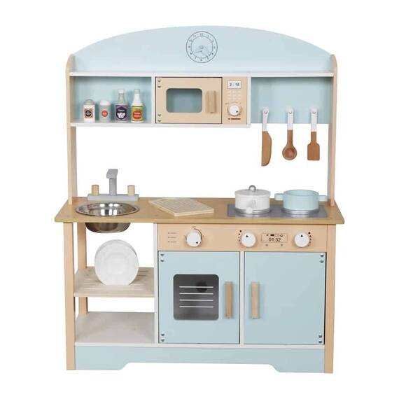 Bucatarie copii DacEnergy©, din lemn, chiuveta metalica adanca, cuptor cu microunde, aragaz, uscator de vase, tigaie si oala cu capac, 68 x 25, 6 x 81 cm, albastru deschis - 5- Roveli