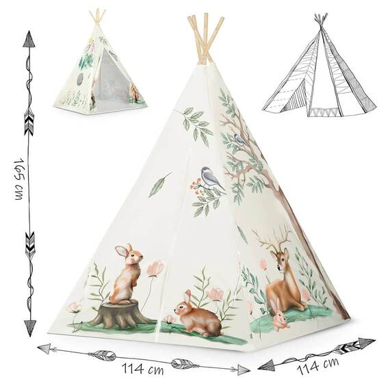 ​Cort de joaca pentru copii , realizat din poliester, stil Montessori, forma de tipi indian, o perna si stabilizator inclus, imprimeu animale, bej - 3- Roveli