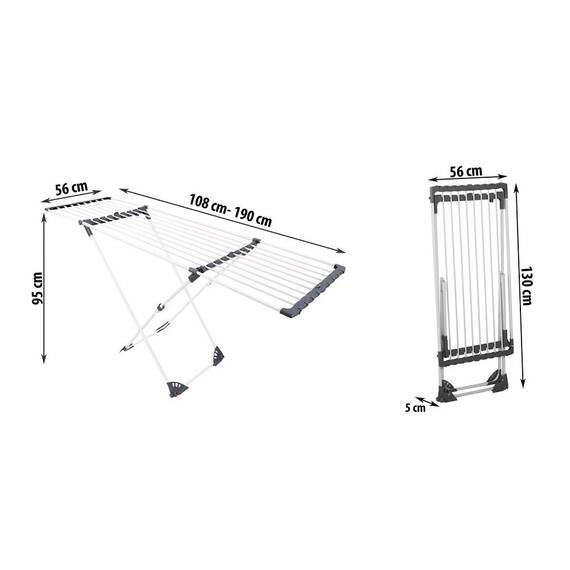 Uscator de rufe DacEnergy©, metalic, cu roti, telescopic, pliabil, 190x95x56 cm, gri - 3- Roveli
