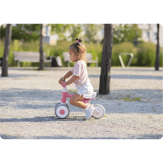 Bicicleta de echilibru, cadru durabil din otel, stabil, scaun moale, din spuma, inaltime reglabila, 25-28 cm, 3 roti din spuma EVA, roz si alb - 5- Roveli