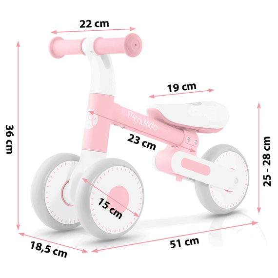 Bicicleta de echilibru, cadru durabil din otel, stabil, scaun moale, din spuma, inaltime reglabila, 25-28 cm, 3 roti din spuma EVA, roz si alb - 6- Roveli