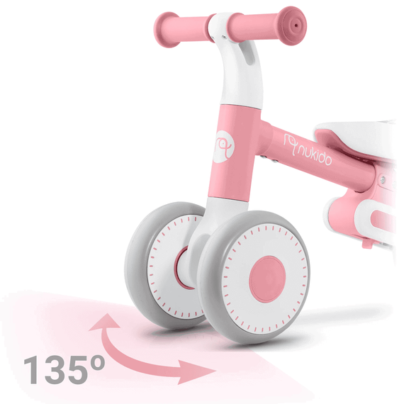 Bicicleta de echilibru, cadru durabil din otel, stabil, scaun moale, din spuma, inaltime reglabila, 25-28 cm, 3 roti din spuma EVA, roz si alb - 7- Roveli