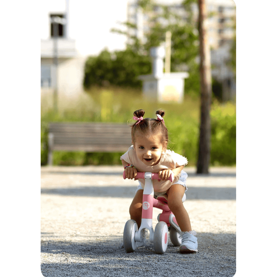 Bicicleta de echilibru, cadru durabil din otel, stabil, scaun moale, din spuma, inaltime reglabila, 25-28 cm, 3 roti din spuma EVA, roz si alb - 8- Roveli