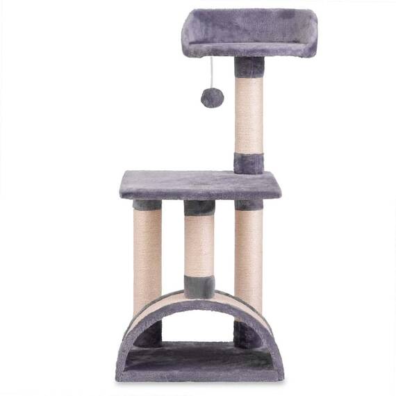 Ansamblu de joaca pentru pisici DacEnergy©, constructia solida, 4 stalpi acoperiti cu franghie puternica de sisal, 2 platforme, un tunel mare, un pompon agatat, inaltime 83 cm, gri si crem - 4- Roveli