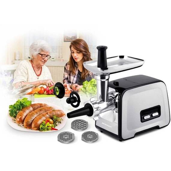Masina de tocat carne electrica, melc din otel puternic, 3 site, 4 accesorii de taiere diferite, functia de revers, atasament kebbe, 450 W/1200 W, 230 V, neagra si argintiu - 4- Roveli