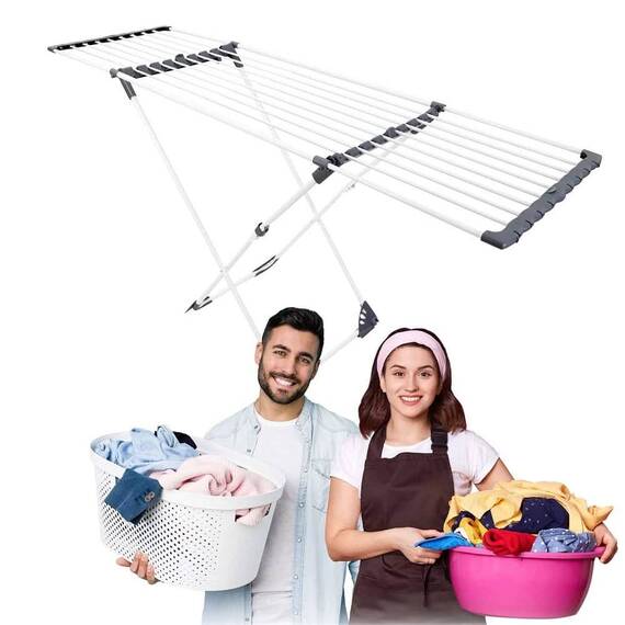 Uscator de rufe DacEnergy©, metalic, cu roti, telescopic, pliabil, 190x95x56 cm, gri - 4- Roveli
