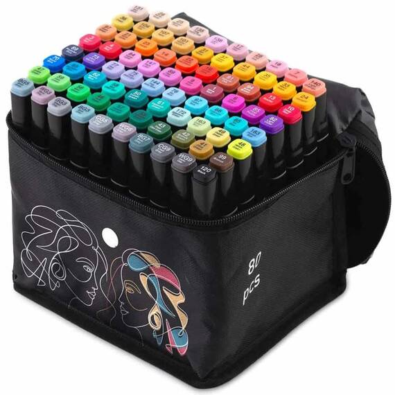Set 80 markere duble DacEnergy©, cerneala cu alcool, cu varfuri de 2 mm si 7 mm, nuante intense, vii, multicolore - - Roveli
