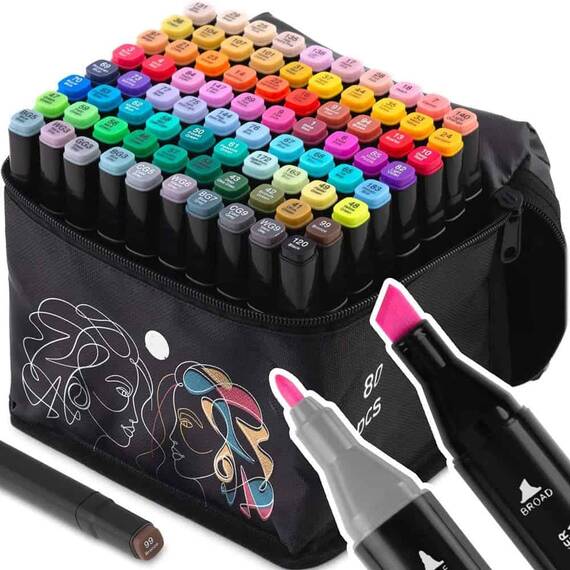 Set 80 markere duble DacEnergy©, cerneala cu alcool, cu varfuri de 2 mm si 7 mm, nuante intense, vii, multicolore - 5- Roveli