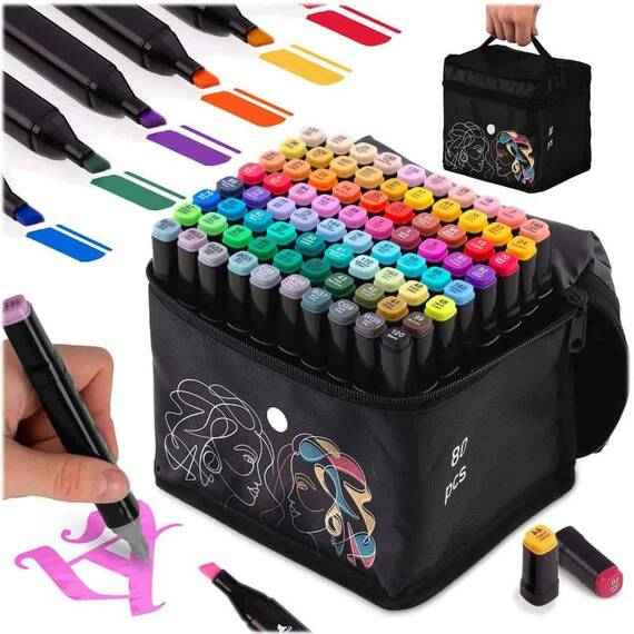 Set 80 markere duble DacEnergy©, cerneala cu alcool, cu varfuri de 2 mm si 7 mm, nuante intense, vii, multicolore - 6- Roveli