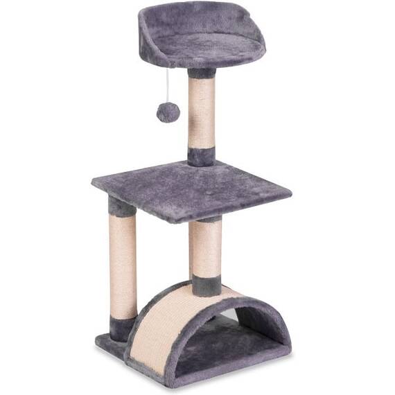 Ansamblu de joaca pentru pisici DacEnergy©, constructia solida, 4 stalpi acoperiti cu franghie puternica de sisal, 2 platforme, un tunel mare, un pompon agatat, inaltime 83 cm, gri si crem - 5- Roveli