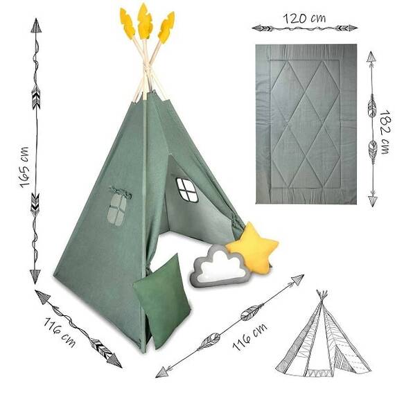 Cort de joaca pentru copii , realizat din material durabil, bumbac, stil Montessori, 3 perne, pene decorative, un stabilizator, 116 x 116 x 165 cm, verde - 6- Roveli