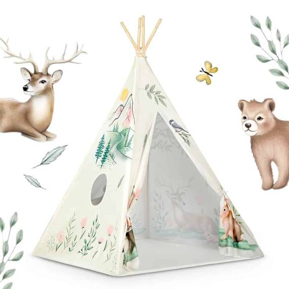 ​Cort de joaca pentru copii , realizat din poliester, stil Montessori, forma de tipi indian, o perna si stabilizator inclus, imprimeu animale, bej - 7- Roveli