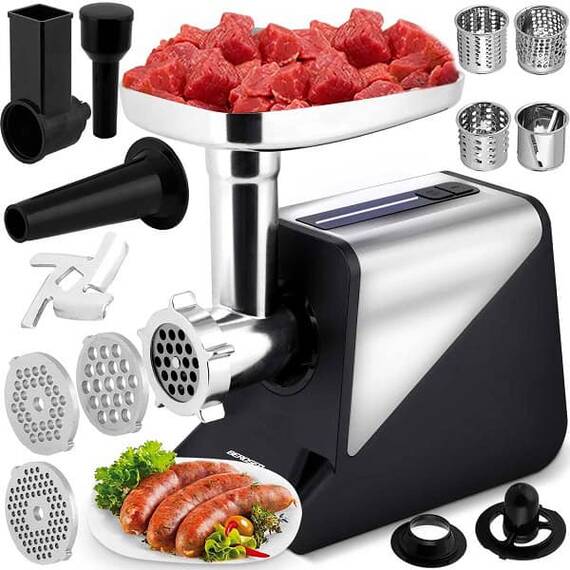 Masina de tocat carne electrica, melc din otel puternic, 3 site, functia de revers, accesorii de taiere de diferite dimensiuni, 230 V, 800 W / 2000 W, neagru si argintiu - 2- Roveli
