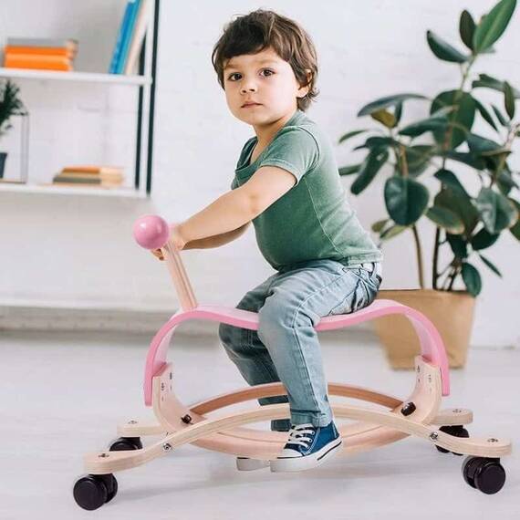 Balansoar 2 in 1 pentru copii DacEnergy©, din lemn, bicicleta de echilibru, cu roti, design inedit, 64 x 32 x 42 cm, roz - 2- Roveli